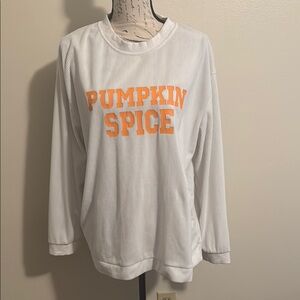 White Long Sleeve Shirt with Orange 'Pumpkin Spice' Print